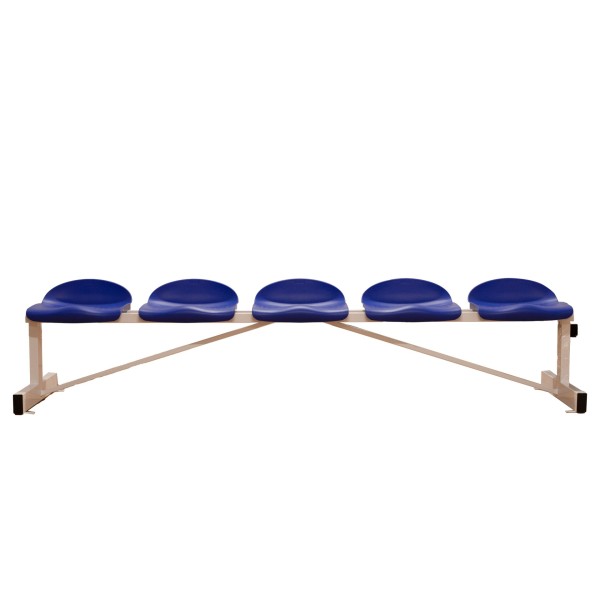 BANCO METÁLICO CON ASIENTOS AZUL PVC-5 PLAZAS- RESPALDO BAJO
