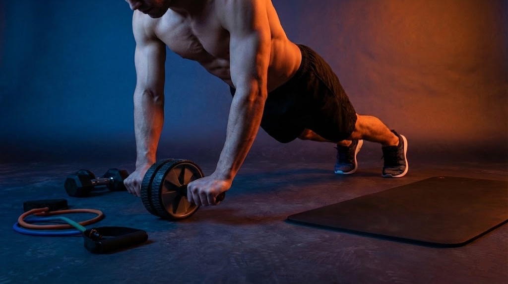 Deportista entrenando con rueda abdominal